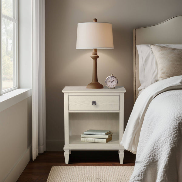 English Elm Victoria Aged Oak Nightstand with Solid Wood Legs, Wire-Brushed Veneer, Drawer & Open Shelf Cream 27.25 L x 22.75 W x 27.25 H B035P341167