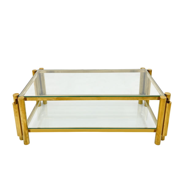 English Elm Modern 3-Piece Coffee Table Set With Double-Layer Tempered Glass & Gold Stainless Steel Finish W2978S00047