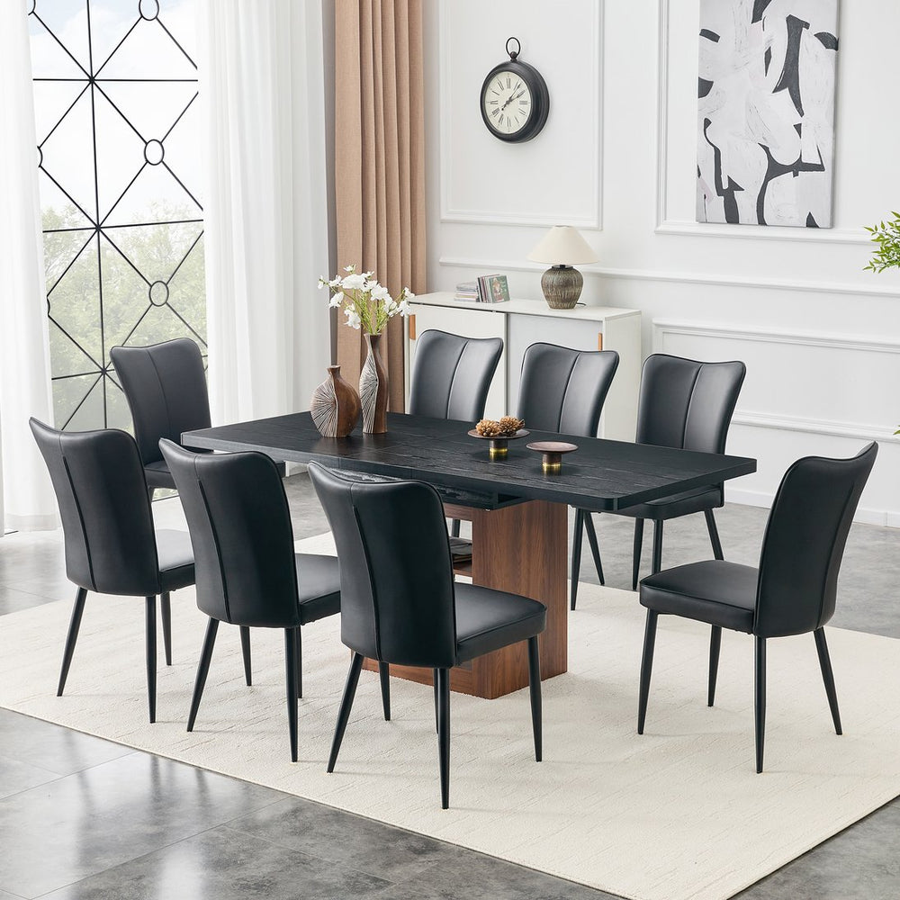 English Elm Expandable Dining Set Seats Eight with Black Pu Chairs and Wood Grain Extendable Table W1151S04704