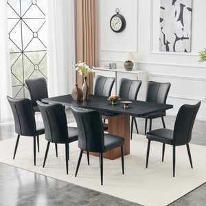 English Elm Expandable Dining Set Seats Eight with Black Pu Chairs and Wood Grain Extendable Table W1151S04704