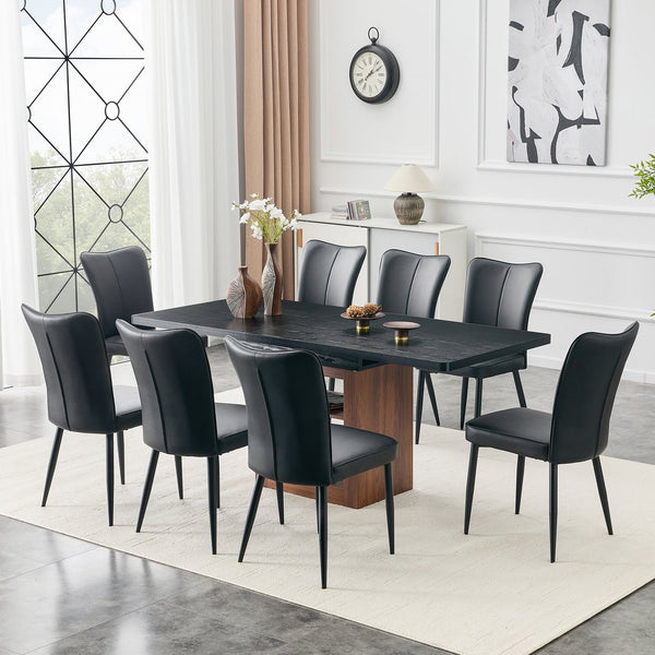 English Elm Expandable Dining Set Seats Eight with Black Pu Chairs and Wood Grain Extendable Table W1151S04704