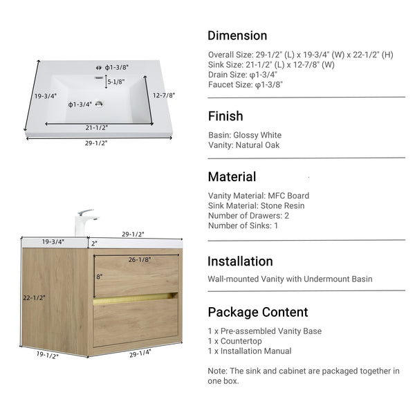 English Elm 30'' Wall Mounted Bathroom Vanity Smoked Walnut Fluted Cabinet Matte Black Basin Oak W1920P385568