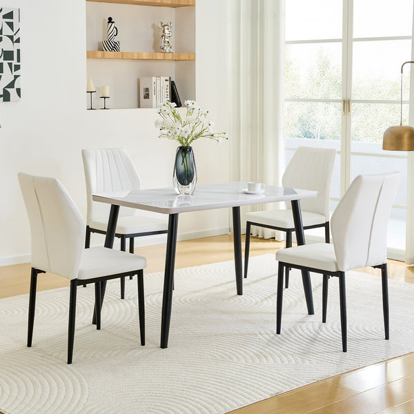English Elm Table and Chair Set Marble Look Glass Top with Four Pu Shell Back Dining Seats W1151S04631