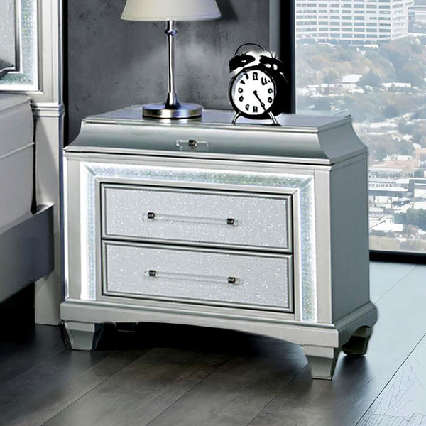 English Elm Glam Nightstand with Led Accent Lighting Faux Crystal Trim and Acrylic Pulls Gray B2741P430424