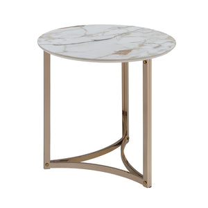 English Elm Aziz Round Sintered Stone Coffee Table with Champagne Metal Frame, Curved Crossbar Modern Centerpiece White 29.25 L x 27.25 W x 7.5 H B2726P245903