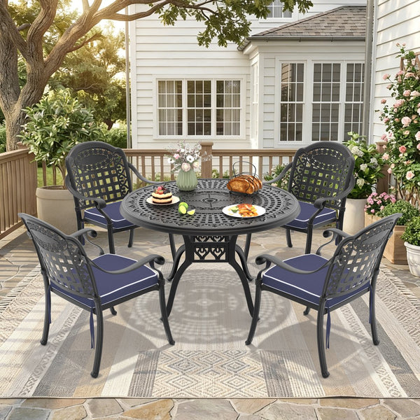 English Elm 5-piece Cast Aluminum Outdoor Dining Set with Carved Relief Frame and Cushioned Seats W1710S00563
