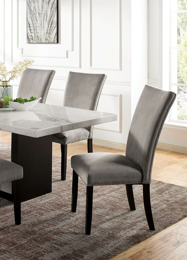 English Elm Gorgeous Marble Top 7 Piece Dining Set with Nailhead Upholstered Chairs Dark Wood Base Black,Light Gray,White B2741S00763