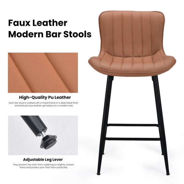 English Elm Counter Stools Set Of 2 - Stylish Mid-Century Modern Dining Chairs With Faux Leather & Metal Legs T3623P368359