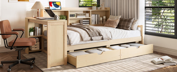 English Elm Twin Corner Daybed Pine Frame Built in Desk Bookcase Drawers Charging Kids Room Natural W697S00042