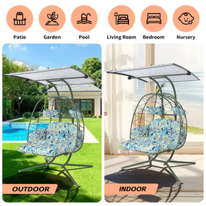 English Elm 2-person Outdoor Wicker Egg Chair Hanging Swing with Canopy Stand and Cushions Dark Green T5880P502255