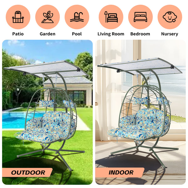 English Elm 2-person Outdoor Wicker Egg Chair Hanging Swing with Canopy Stand and Cushions Dark Green T5880P502255