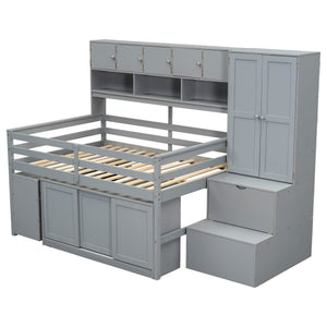English Elm Full Size Gray Loft Bed with Rolling Desk Wardrobe Staircase and Headboard Shelving LT000852AAE