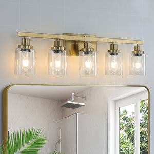 English Elm 31" Golden 5-Light Vanity Light with Clear Glass Shades, Modern Iron Wall Sconce for Bathroom Mirror W2312P374801