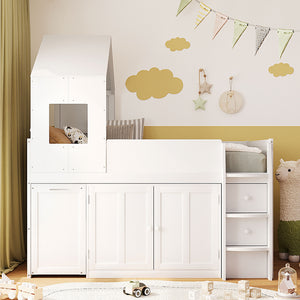 English Elm Twin House Loft Bed with Pull Out Rolling Desk Stair Drawers and Cabinet Storage White N820S00072K