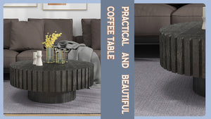 English Elm Modern Circular Black Coffee Table, 31.4-Inch Natural Wood Design For Living, Study & Dining Rooms W1727P251153