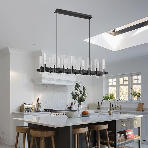 English Elm Black Linear Chandelier 12 Light Seeded Glass Farmhouse Fixture for Dining Rooms W5008P392744