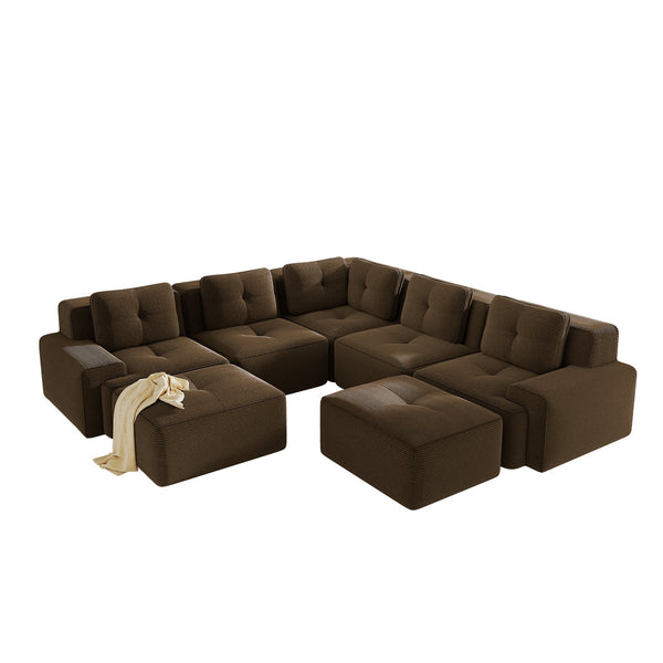 English Elm Modular Corduroy Sectional Sofa V Shaped 5 Seat Living Room Couch with Ottoman Brown W714S01577