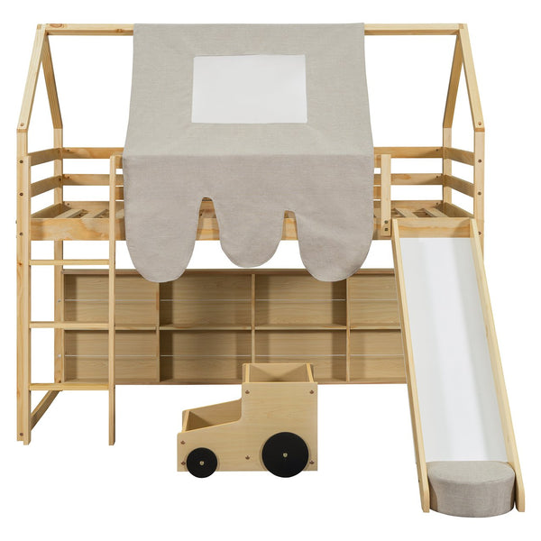 English Elm Twin House Loft Bed with Tent Canopy Slide and Shelves Pinewood Kids Frame Natural LT000682AAD