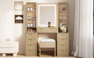 English Elm 43.5" Fluted Makeup Vanity with Led Mirror Glass Top Gold Hardware and Storage Stool Oak N704G202305N
