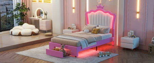 English Elm Twin Upholstered Bed Frame With Led Lights & Crown Headboard - Pink And White, Stylish Storage Solution W2770P190376-GIGA