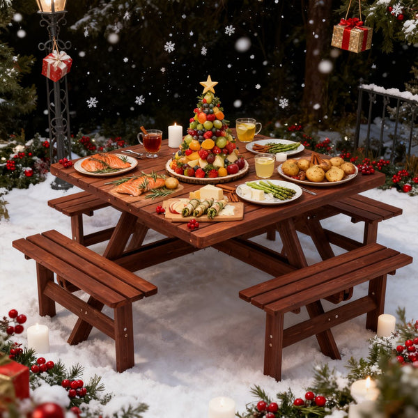 English Elm 8-person Square Wood Picnic Table with Umbrella Hole Reinforced Outdoor Dining Set W1422P392906