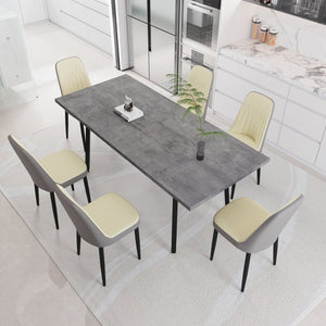 English Elm 55.12-70.87" Expandable Dining Set 7 Piece Industrial Mdf Table with Pu Upholstered Chairs Beige+Grey W2189S00912
