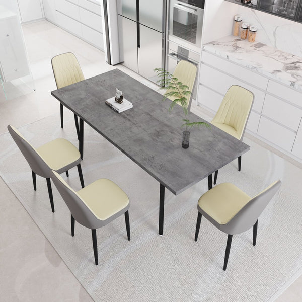 English Elm 55.12-70.87" Expandable Dining Set 7 Piece Industrial Mdf Table with Pu Upholstered Chairs Beige+Grey W2189S00912