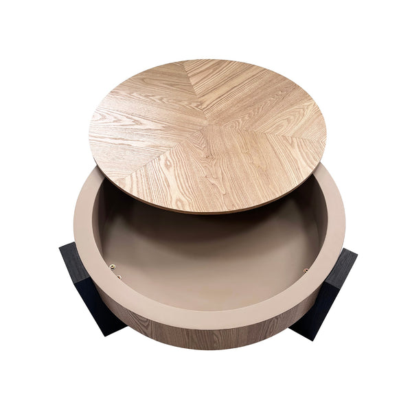 English Elm 33'' Round Coffee Table Parquet Veneer Flip Top Hidden Storage Wabi-sabi Living Room Matte Black,Natural Wood W1435P419318