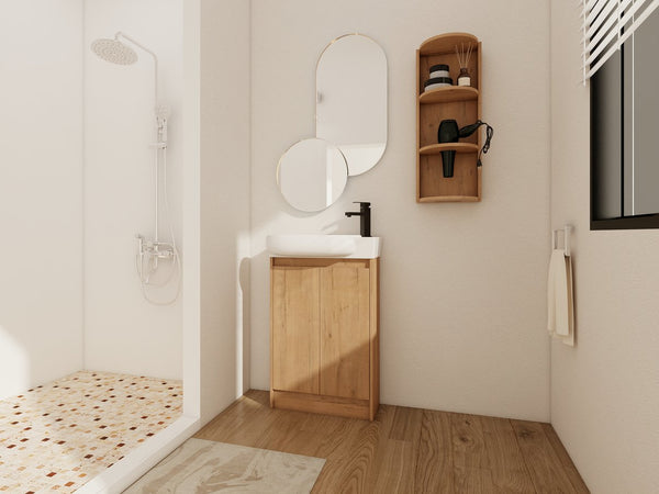 English Elm 23" Freestanding Ceramic Vessel Sink Vanity with Soft Close Cabinet and Wall Rack Imitative Oak W999S00491