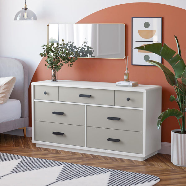 English Elm Valencia Seven Drawer Wide Dresser Dual Tone Laminate Matte Black Pulls Bedroom B2733S00020