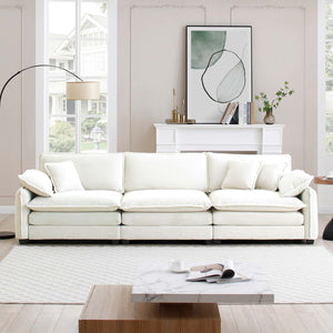 English Elm Mid-Century Modern 3-Seater Sectional Sofa In Beige Corduroy With Pillows For Stylish Comfort W714S00688