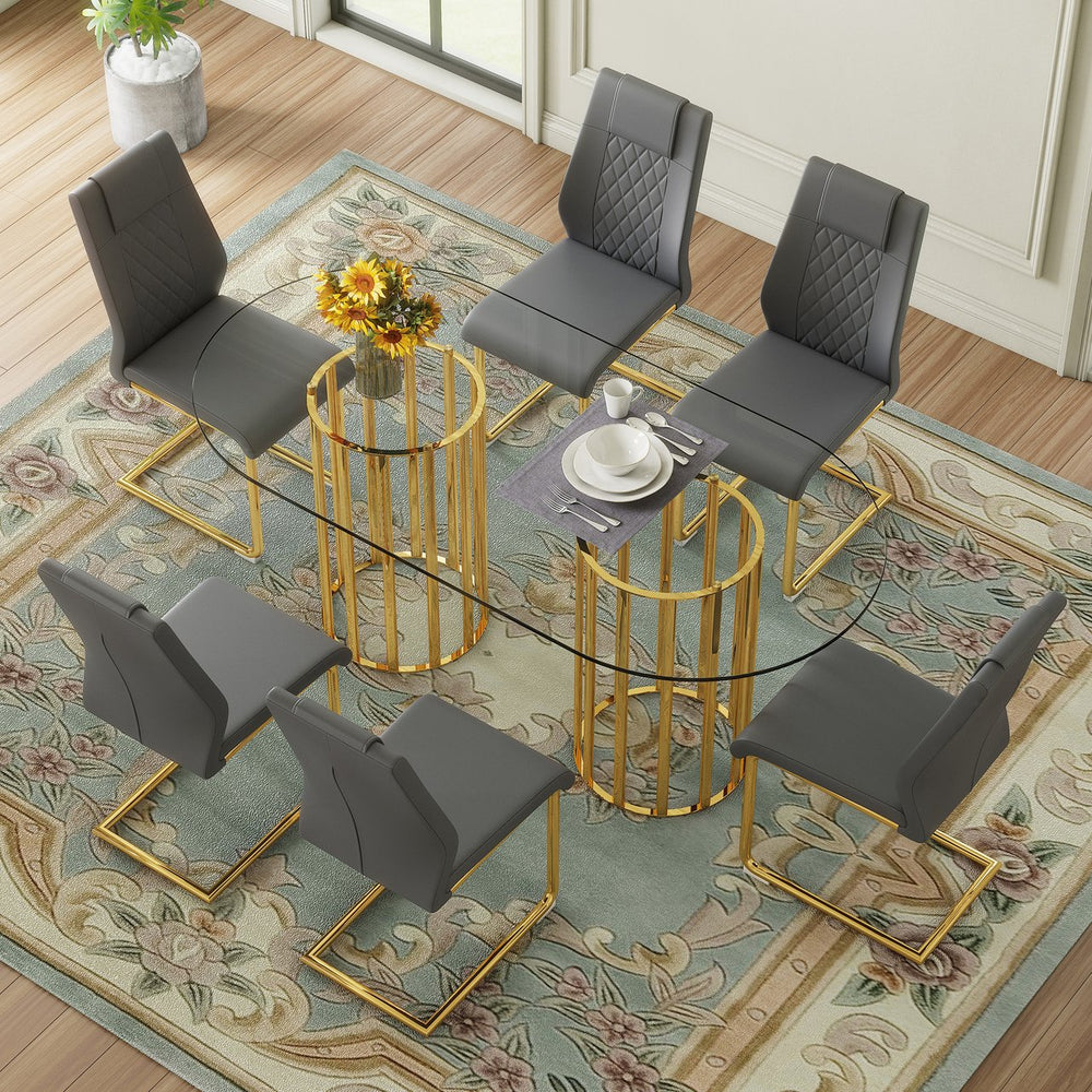English Elm Table and Chair Set Oval Tempered Glass Top Six Seat Glam Dining with Arched Legs Dark Gray,Gold,Transparent W1151S04722