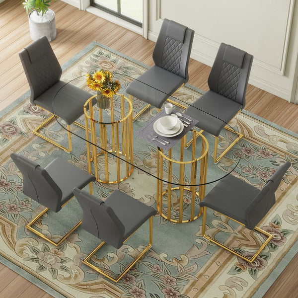 English Elm Table and Chair Set Oval Tempered Glass Top Six Seat Glam Dining with Arched Legs Dark Gray,Gold,Transparent W1151S04722