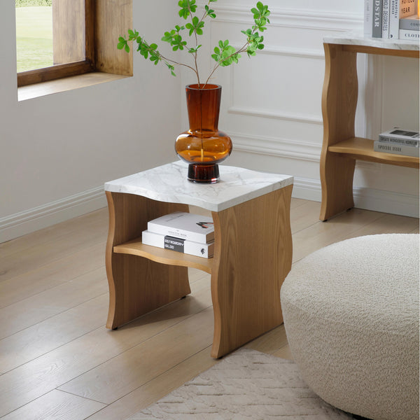 English Elm 2ps, Sculptural Faux Marble End Tables with Open Shelf for Modern Living Rooms Wood W2664S00072