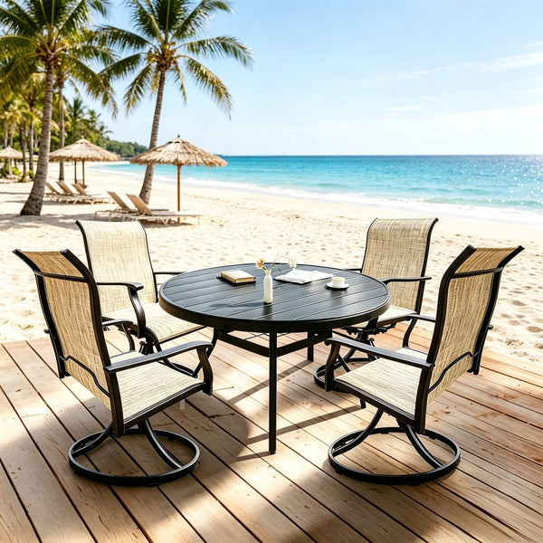 English Elm Outdoor Round Dining Set for Four with Mesh Swivel Chairs and Umbrella Hole Table W213S00058