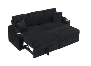 English Elm 80" Corduroy Multi-Function Sofa with Hidden Recliner, Space-Saving Design, Armrests, Cup Holders, Removable Footstool Black W3356S00017