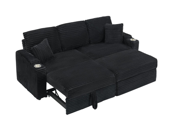 English Elm 80-inch Corduroy Convertible Sofa with Pull-out Chaise Cup Holder and Plush Pillow W3356P314464