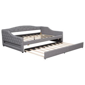 English Elm Upholstered Full XL Daybed with LED Belt and Trundle, Linen Backrest, Modern Silhouette, 450lb Capacity Gray DL002059AAE