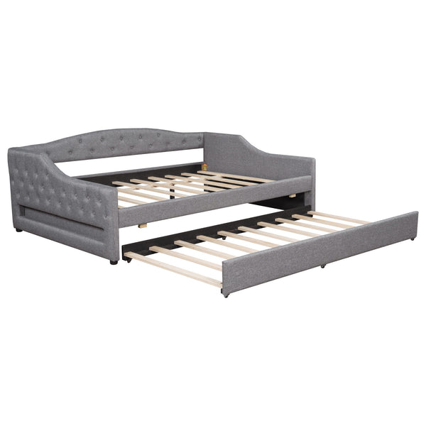 English Elm Upholstered Full XL Daybed with LED Belt and Trundle, Linen Backrest, Modern Silhouette, 450lb Capacity Gray DL002059AAE