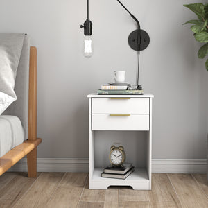 English Elm Nighstand White 2-Drawer Nightstand with Open Shelf, Gold Handles, Modern Compact End Table W3151P346294