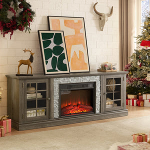 English Elm 70" Modern TV Stand with 23" Electric Fireplace, Faux Stone Mantel, Ample Storage & Cable Management Grey W2275S00024