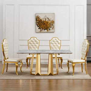 English Elm Marble Dining Table For 6-8, 70'' Rectangle Faux Marble Top With Gold Stainless Steel Base, Modern Elegance W3456S00012