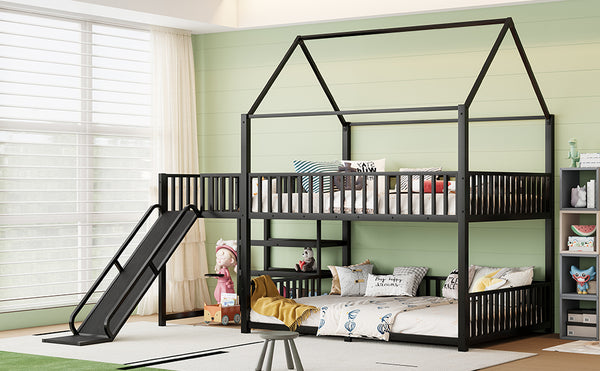 English Elm Full Metal House Bunk Bed with Slide Storage Stairs and Safety Rails for Kids W1580S00345