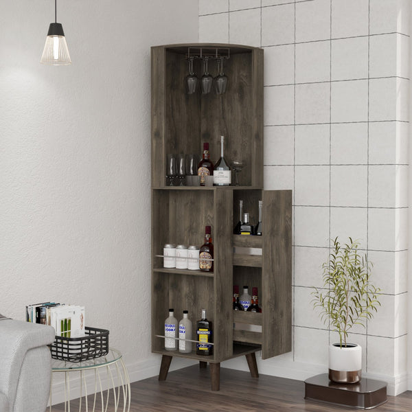 English Elm Cincinatti Corner Bar Cabinet Dark Brown with Stemware Rack, 2 Railed Shelves, 2-Tier Drawer, Open Prep Shelf B070S00176