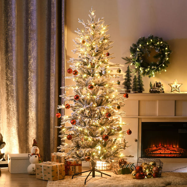 English Elm Homcom 6Ft Snow Flocked Prelit Christmas Tree With 250 Warm Lights, Easy Setup & Flame Retardant Base W2225P229315