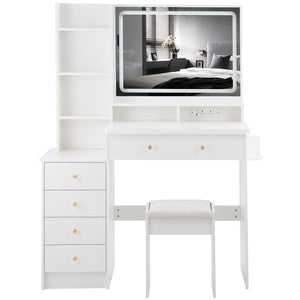 English Elm 41" Luxury Vanity Table Set With Stool, Integrated Power, Led Mirror & Hair Dryer Stand - Stylish Design W936P230832