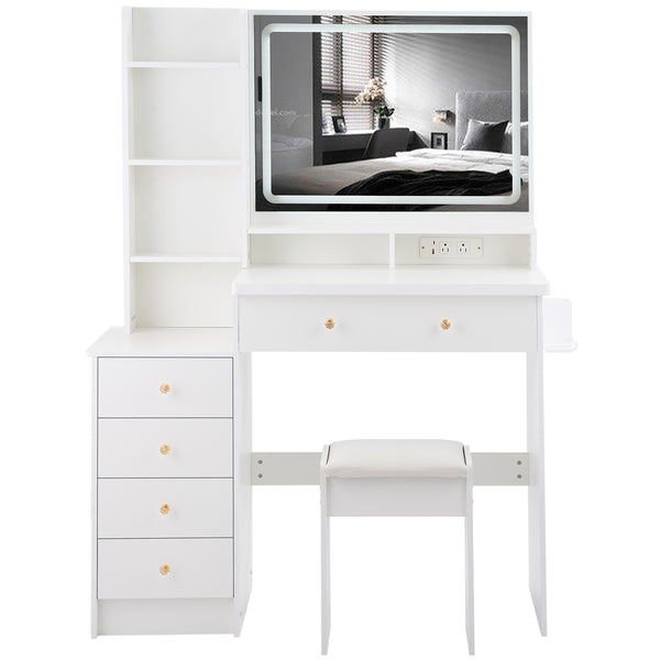 English Elm 41" Luxury Vanity Table Set With Stool, Integrated Power, Led Mirror & Hair Dryer Stand - Stylish Design W936P230832