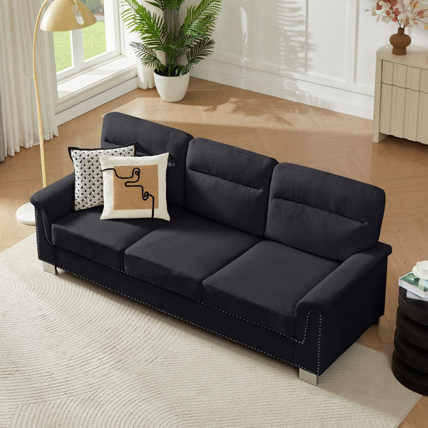English Elm 82" Chesterfield Snowfleece Upholstered 3-seat Sofa Nailhead Trim Plush Living Room Black W1359P386022