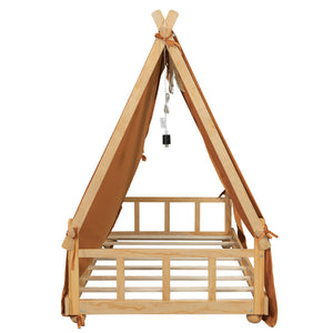 English Elm Twin Cabin Bed with Detachable Tent Skylight and Woodland Deer Antler Accents Brown N708P356716D
