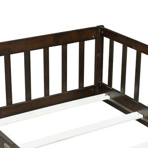 English Elm Twin Size Floor Bed With Safety Guardrails, Eco-Friendly Rubberwood Design, Espresso Finish, Durable W504P286375-GIGA